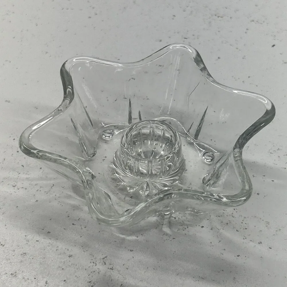 Set of‎ 7 Vintage Anchor Hocking 6 Point Shape Clear Glass Candlestick Holders